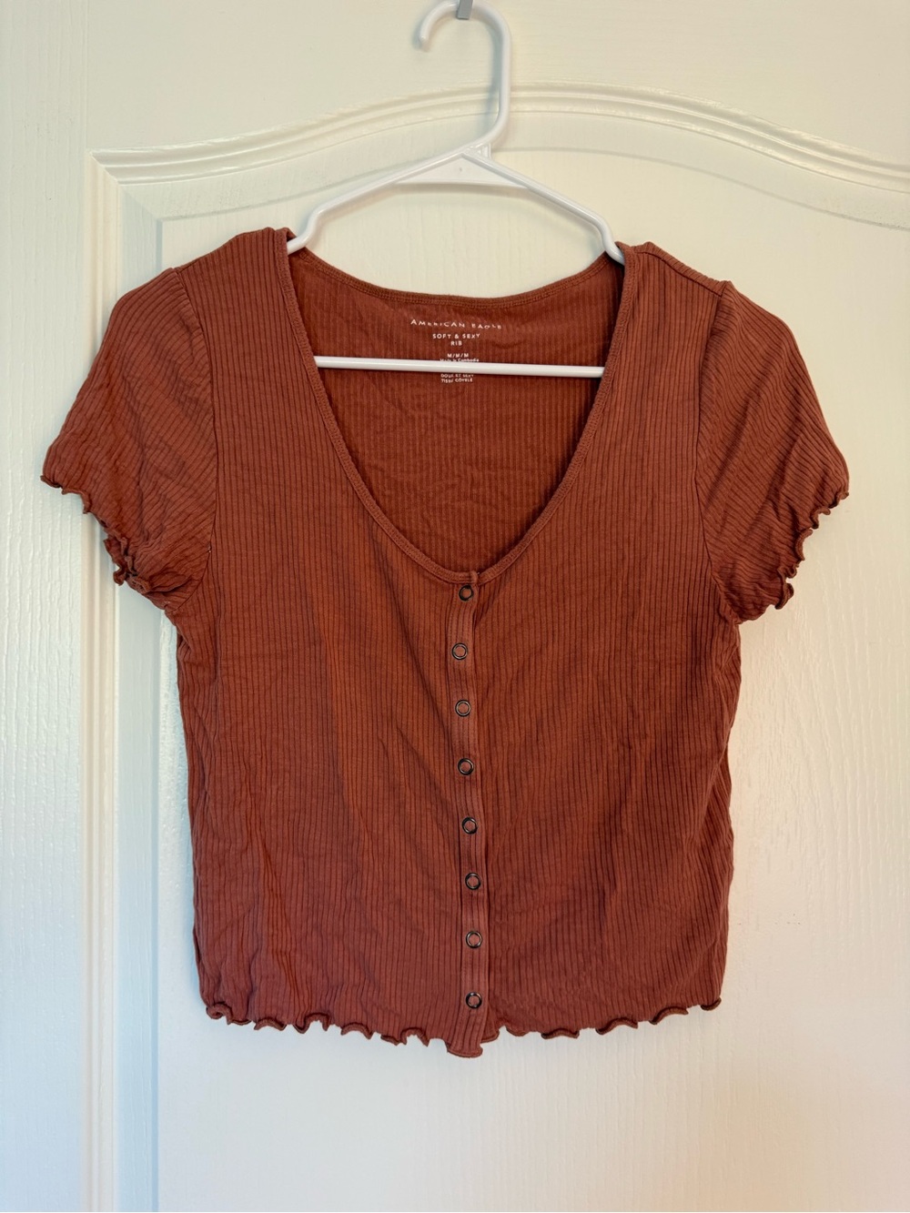 American Eagle Outfitters Burnt Orange Ribbed Button-Front Crop Top